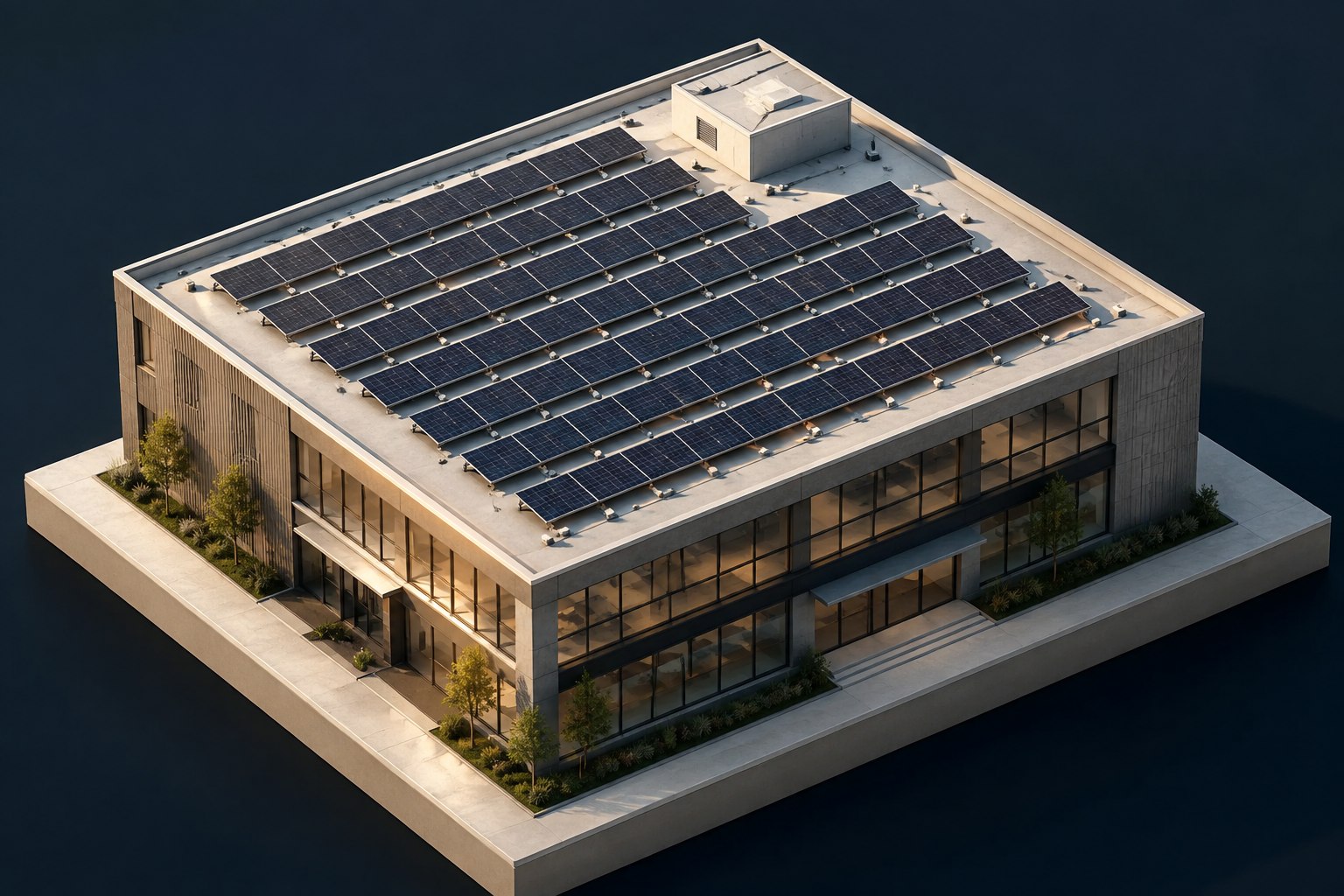 Conceptual architectural visualization of a commercial building with carefully arranged rooftop solar modules.